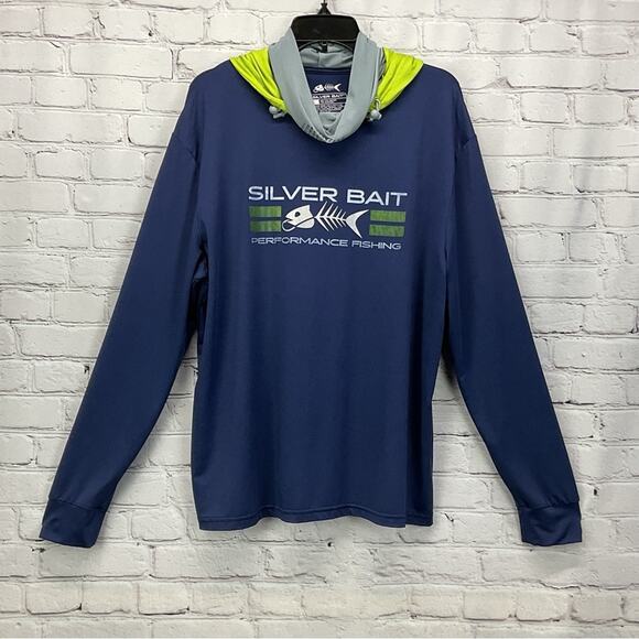 Silver Bait Fishing Hoodie Men's Size L Blue Lime Long Sleeve Boating Beach Pool - Picture 1 of 5